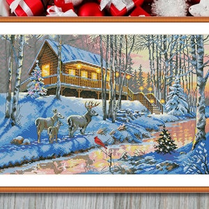 Holiday Forest hut Counted Cross Stitch Pattern Christmas Village Winter Landscape Hand Embroidery Needlepoint Chart Cottage Reindeer