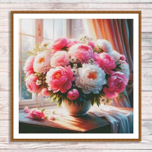 Boeket pioenrozen geteld kruissteekpatroon roze pioenrozen Vintage digitale bloemenpatroon roze pioenrozen borduurwerk borduursteekkaart PDF