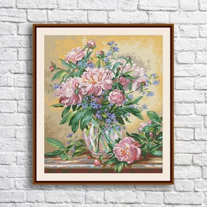 Pioenen en Canterbury Bells Geteld Kruissteekpatroon Digitaal Patroon Bloemen Wilde Bloemen Patroon Boeket Borduurnaaldpunt PDF