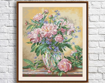Peonies and Canterbury Bells Counted Cross Stitch Pattern Digital Pattern Floral Wild Flowers Pattern Bouquet Embroidery Needlepoint PDF