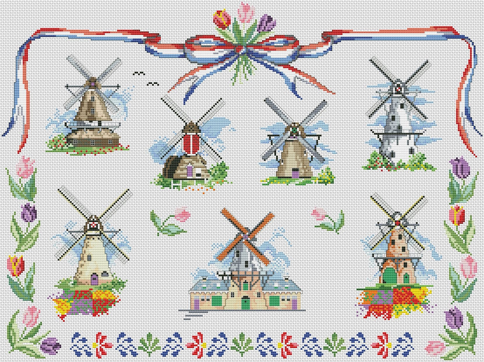 Dutch Windmills Counted Cross Stitch Pattern Holland Tulips Etsy