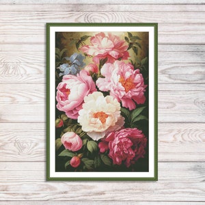 Boeket pioenrozen geteld kruissteekpatroon roze pioenrozen Vintage digitale bloemenpatroon roze pioenrozen borduurwerk borduursteekkaart PDF