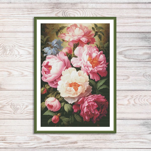 Bouquet de pivoines compté point de croix motif pivoines roses vintage floral numérique motif pivoines roses broderie tapisserie graphique PDF