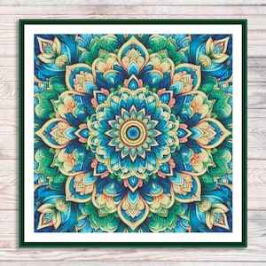 May include: A colourful mandala design with intricate details in shades of blue, green, yellow, and orange. The design features a central circle surrounded by layers of overlapping petals.