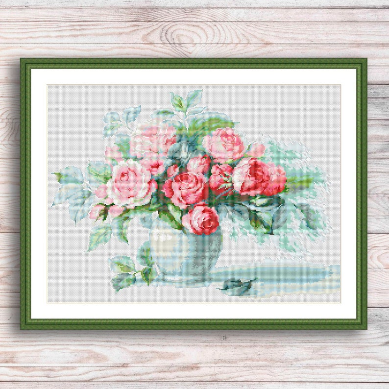 Roses in a Vase Counted Cross Stitch Pattern Etude With Tea Etsy