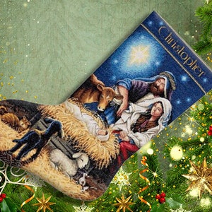 Holy Night Christmas Stocking Counted Cross Stitch Pattern Santa Embroidery Hand Xstitch Decor Embroidery Chart Needlepoint Chart image 2