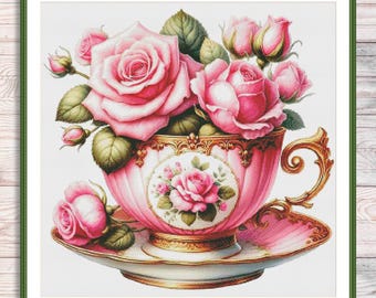 Blooming Tea Cup Cross Stitch Pattern Pattern Bouquet of roses Kitchen Still Life Modern Decor Pattern Embroidery Needlepoint chart PDF