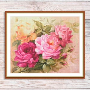 Boeket rozen #4 geteld kruissteekpatroon Vintage bloemenborduurwerk Digitaal patroon PDF Rode rozen borduren borduurpatroon