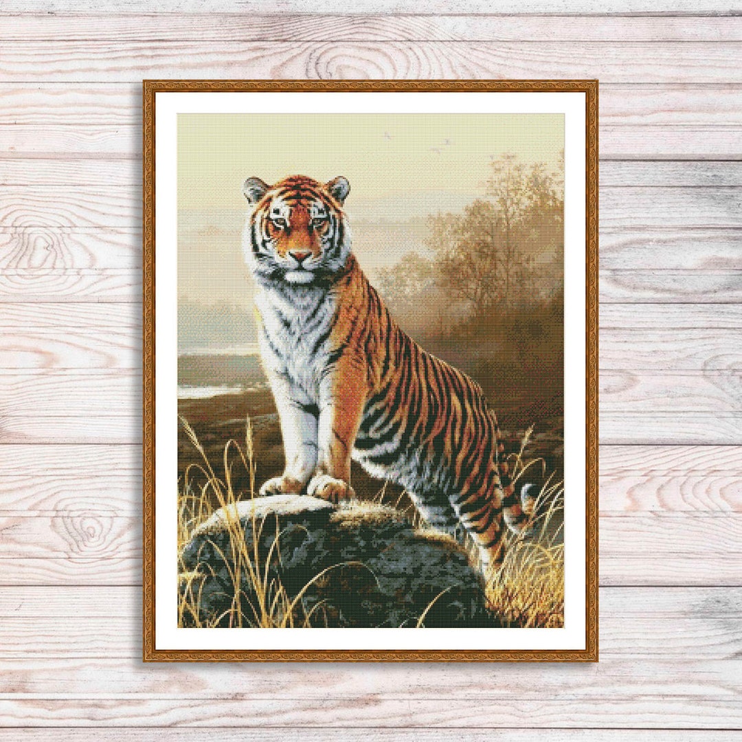 Tiger on the Stone Cross Stitch Pattern Tiger Face Digital