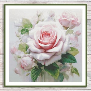 Boeket rozen geteld kruissteekpatroon Vintage bloemenborduurwerk Digitaal patroon PDF Witte rozen borduurwerk borduurpatroon