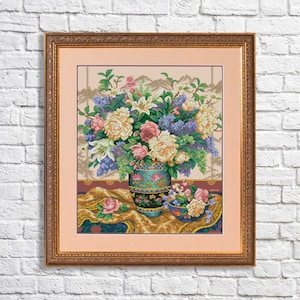 Kruissteekpatroon Oosterse pracht PDF Digitaal patroon Wilde bloemen Patroon Boeket Oosterse vaas Borduurnaaldschema downloaden