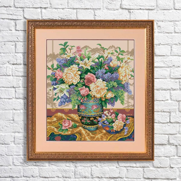 Cross Stitch Pattern Oriental Splendor PDF Digital Pattern Wild Flowers Pattern Bouquet Oriental vase Embroidery Needlepoint Chart Download