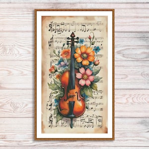 Vintage viool kruissteekpatroon digitaal patroon viool en bloemen wilde bloemen patroon muziek borduren borduurpatroon downloaden