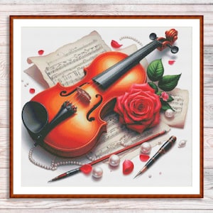 Vintage viool kruissteekpatroon digitaal patroon viool en bloemen wilde bloemen patroon muziek borduren borduurpatroon downloaden