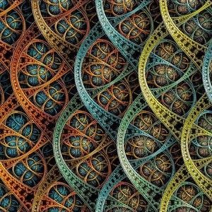Könnte beinhalten: Abstrakte digitale Kunst mit einem sich wiederholenden Muster aus komplizierten, überlappenden Kreisen in Blautönen, Grün, Gelb und Orange. Das Design ähnelt einem gewebten Stoff oder einem komplexen geometrischen Mosaik.