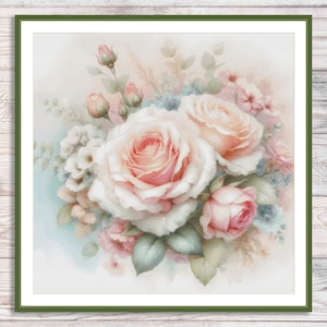 Boeket rozen geteld kruissteekpatroon Vintage bloemenborduurwerk Digitaal patroon PDF Rode rozen borduren borduurpatroon