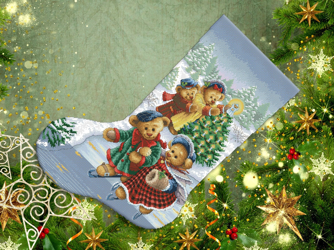 Design Works Kreuzstich-Set 'Weihnachtsstrumpf Viktorianischer Bär' – Fertige Größe 43x30 Cm