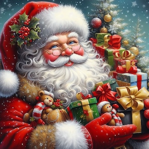 May include: Santa Claus with a white beard and red suit holds a stack of wrapped gifts. He is smiling and has a jolly expression. The gifts are wrapped in colorful paper and tied with ribbons. There are also two small teddy bears in the image.