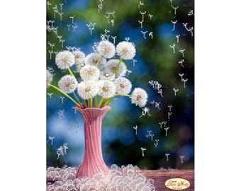 Bead Embroidery kit Beauty White Flowers Dandelion Needlework Kits Garden flowers Beadwork Hand embroidery Beading Embroidery of beads