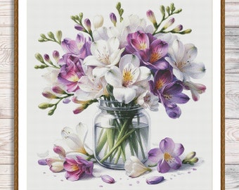 Alstroemeria w wazonie Wzór haftu krzyżykowego Cyfrowy nowoczesny wzór kwiatów polnych Haft igłowy Bukiet Alstroemerii