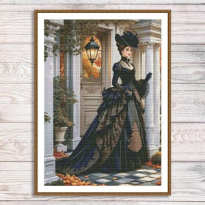 Patrón de punto de cruz para mujer elegante, patrón digital, vestido azul, elegante dama victoriana del siglo XX, gráfico de bordado a mano en PDF