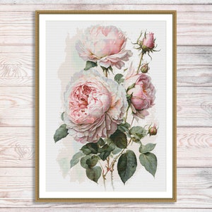 Aquarel rozen tak geteld kruissteekpatroon gele bloemen Tak van tuinbloemen Vintage bloemen digitaal borduurpatroon pdf