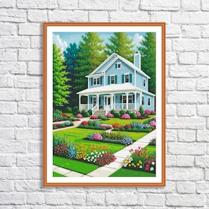 Victorian Cottage Counted Cross Stitch Pattern Summer Landscape Pattern Hand Embroidery Needlepoint Chart Cottage Digital Pattern