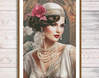 Elegant Woman Cross Stitch Pattern Digital Pattern Roses White Dress Graceful Century Victorian Lady Hand Embroidery Needlepoint chart PDF