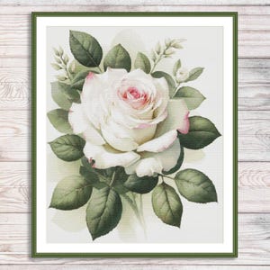 Aquarel enkele rozen geteld kruissteekpatroon roze bloemen Tak van tuinbloemen Vintage bloemen digitaal borduurpatroon PDF