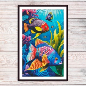 May include: A colorful underwater scene with three fish. A large, bright orange and pink fish with blue and yellow stripes is in the foreground. A smaller, purple and yellow fish with red and white stripes is in the background. A small, blue and yellow fish is swimming near the bottom of the image.