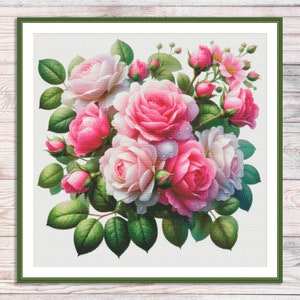 Boeket rozen geteld kruissteekpatroon Vintage bloemenborduurwerk Digitaal patroon PDF Rode rozen borduren borduurpatroon
