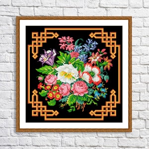 Barroc Roses Geteld Kruissteekpatroon Boeket in frame Vintage bloemenborduurwerk Digitaal patroon Rode rozen Borduurnaaldkaart