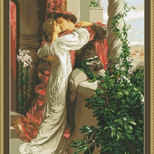 Patrón de punto de cruz de Romeo y Julieta, gráfico de bordado, beso, regalo de San Valentín, PDF digital vintage, decoración de pared moderna, bordado a mano imagen 3
