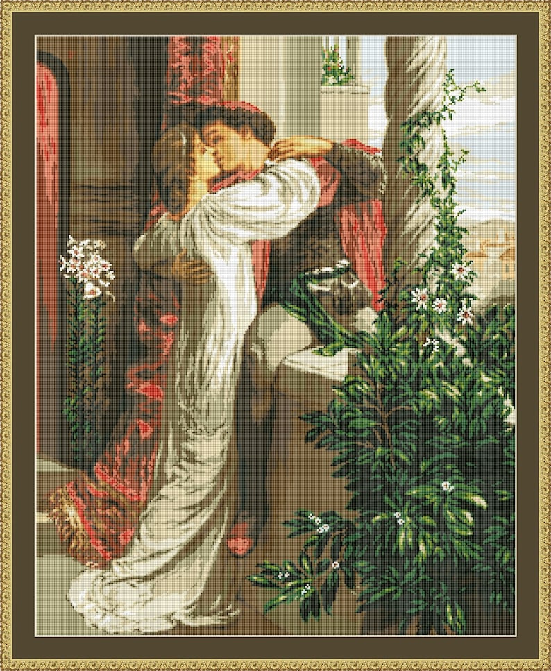 Patrón de punto de cruz de Romeo y Julieta, gráfico de bordado, beso, regalo de San Valentín, PDF digital vintage, decoración de pared moderna, bordado a mano imagen 3