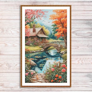 Wzór haftu krzyżykowego Dom wiejski Kwiaty ogrodowe Krajobraz letni Vintage Cottage Haft ręczny Haft krzyżykowy Wzór cyfrowy