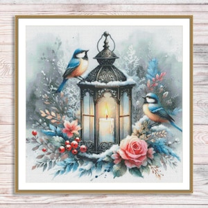 Padrão de ponto cruz de lanterna de natal, árvore de natal, pássaros de inverno, vela, decoração de costura para casa, presente, padrão de bordado, gráfico de ponto cruz