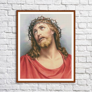 May include: A painting of Jesus Christ wearing a crown of thorns. He has long, curly hair and a beard. He is wearing a red robe and looking upwards.