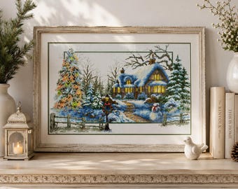 Winter Sonata Counted Cross Stitch Pattern Christmas village Snowman Winter landscape Hand Embroidery Needlepoint Chart Cottage Pattern PDF