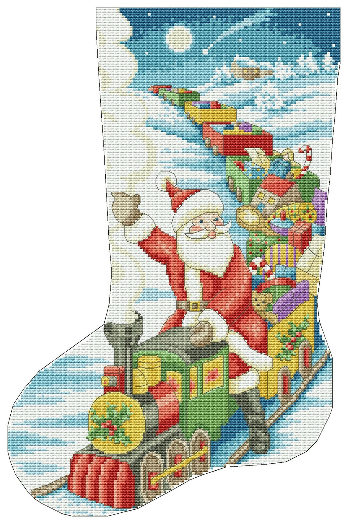 Santa on the train Christmas Stocking Counted Cross Stitch Etsy