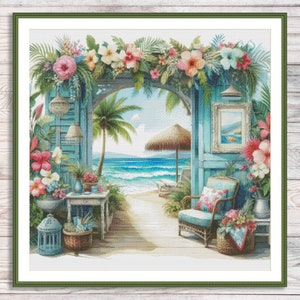 Beach Houses Counted Cross Stitch Pattern Bungalow Palms Seashore Waves Summer Beach Landscape Pattern Hand Embroidery Needlepoint chart
