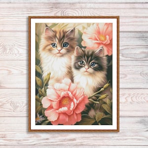 Cats in pink flowers Counted Cross Stitch Pattern Cute kitten Cats love Instant download PDF Modern Decor Pattern Animal Needlepoint chart
