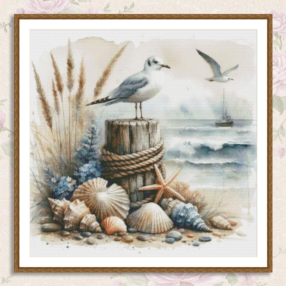 Sea View Counted Cross Stitch Pattern Shells Seascape Seagulls Wave ...