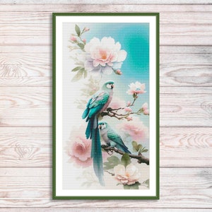Puede incluir: Una impresión enmarcada con dos loros turquesas posados en una rama con flores rosas. El fondo tiene flores rosas y blancas suaves contra un degradado turquesa y blanco. El marco es verde.