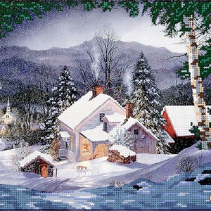 May include: A snowy winter scene with a white house with smoke coming from the chimney, surrounded by snow-covered trees and a small wooden shed. The house has a warm glow coming from the windows. The scene is set against a backdrop of mountains and a blue sky.