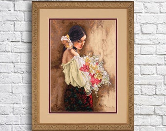 Woman with Bouquet Cross Stitch Pattern Digital Pattern Spanish Women Modern Wall Decor Flowers Pattern Hand Embroidery Needlepoint chart