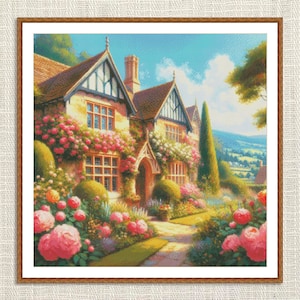Village Cottage Counted Cross Stitch Pattern Victorian home House Needlepoint Chart Cottage Blooming garden Digital Pattern PDF Building