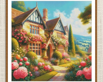 Village Cottage Counted Cross Stitch Pattern Victorian home House Needlepoint Chart Cottage Blooming garden Digital Pattern PDF Building