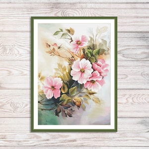 Pink Frowers Geteld Cross Stitch Patroon Tak van wilde roze bloemen Vintage digitale bloemenpatroon Pink Roses Needlepoint Chart PDF