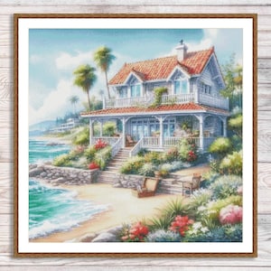Beach Houses Counted Cross Stitch Pattern Bungalow Palms Seashore Waves Summer Beach Landscape Pattern Hand Embroidery Needlepoint chart