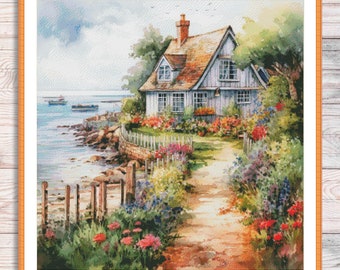 Summer Cottage Counted Cross Stitch Pattern Village Cottage Flowers Floral House Hand Embroidery Needlepoint Chart Building Summer Landscape